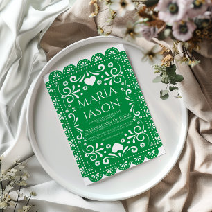 Papel Picado Green White Folk Art Spanish Wedding Invitation
