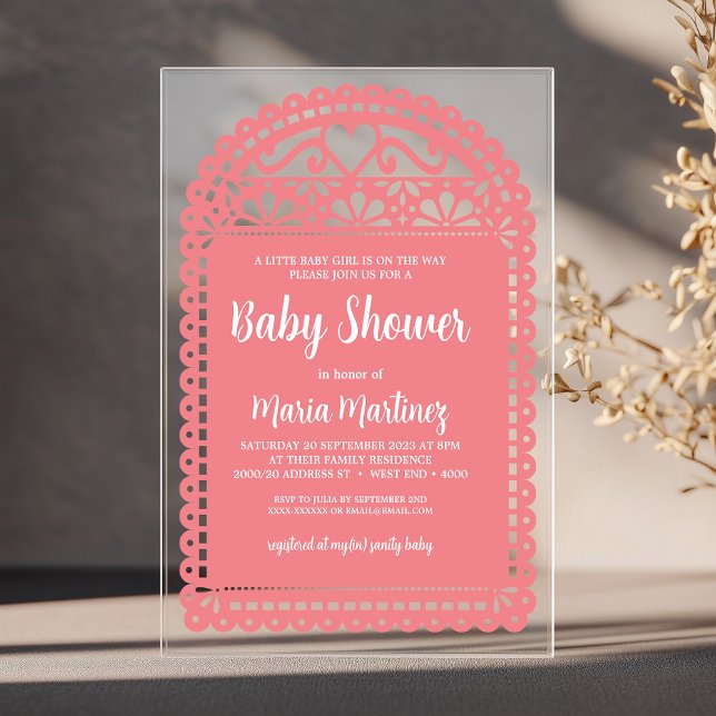 Papel Picado Inspired Pink Baby Shower Acrylic Invitations (Simple and elegant baby shower invitation, inspired by the intricate and colorful papel picado flags)