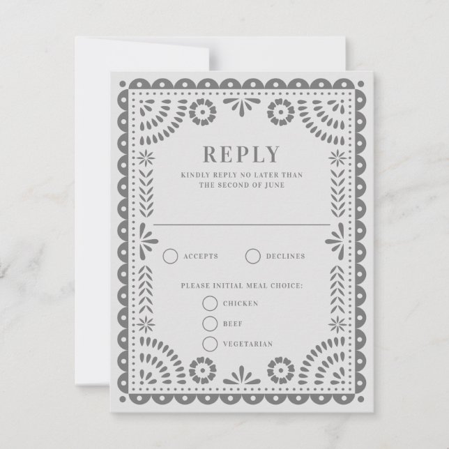 Papel Picado Light Grey | Wedding Reply RSVP Card (Front)