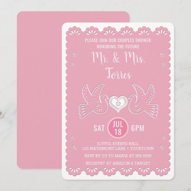 Papel Picado Love Bird Pink Couples Wedding Shower Invitation (Front/Back)