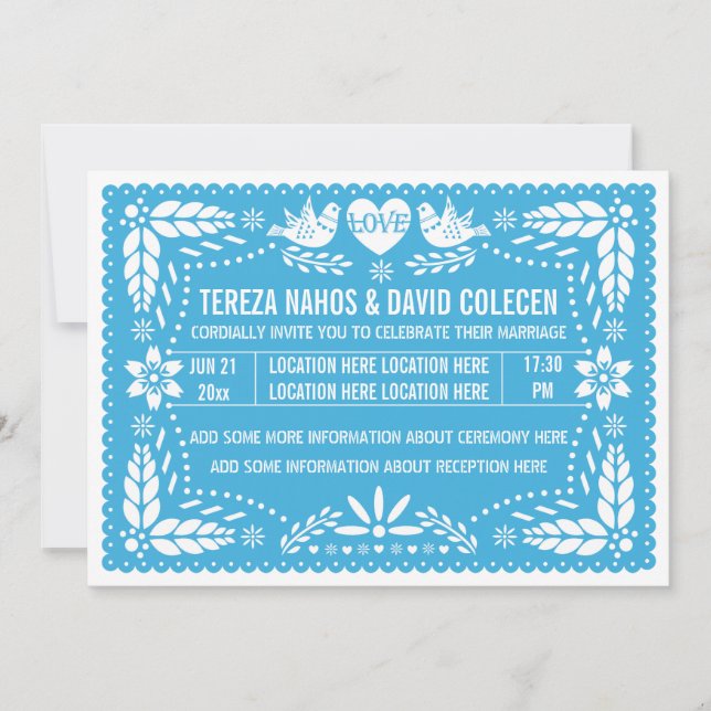 Papel picado love birds blue wedding invitation (Front)