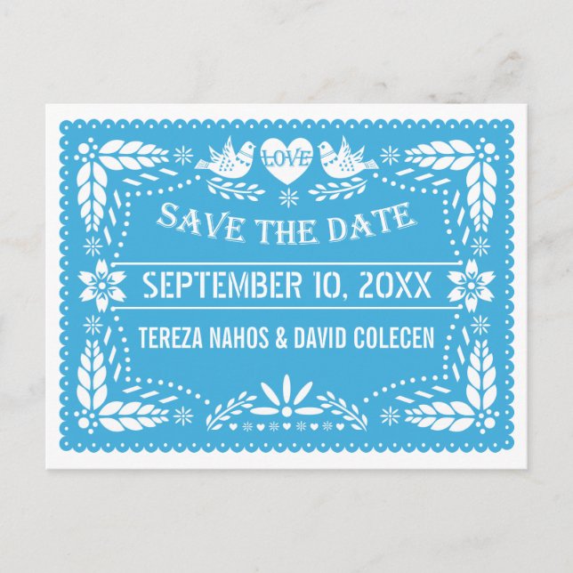 Papel picado love birds blue wedding Save the Date Announcement Postcard (Front)
