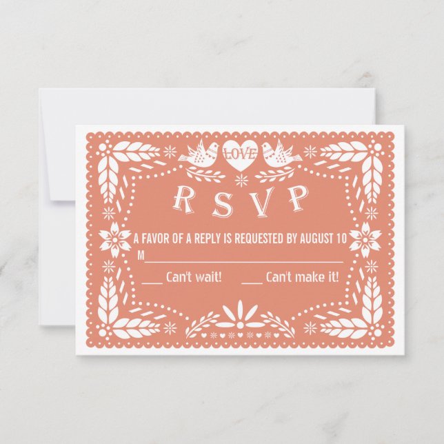 Papel picado love birds coral peach wedding RSVP (Front)