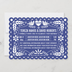 Papel picado love birds dark blue fiesta wedding invitation