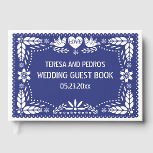 Papel picado love birds dark blue floral wedding guest book
