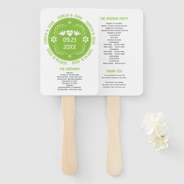 Papel picado love birds green wedding program hand fan (Front and Back)