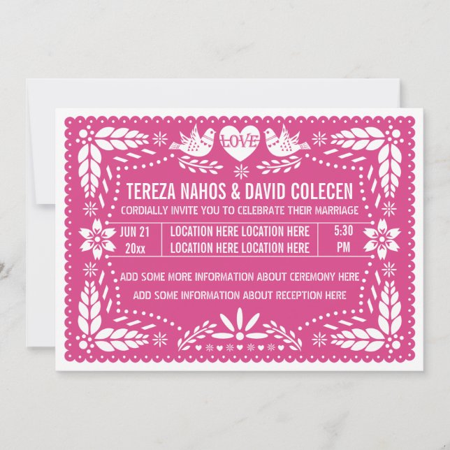 Papel picado love birds hot pink wedding invitation (Front)