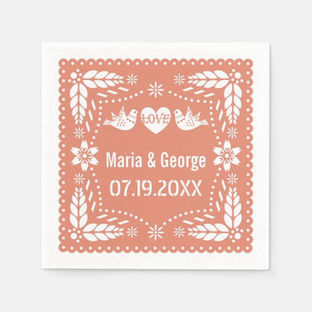 Papel picado love birds peach wedding fiesta napkin (Front)