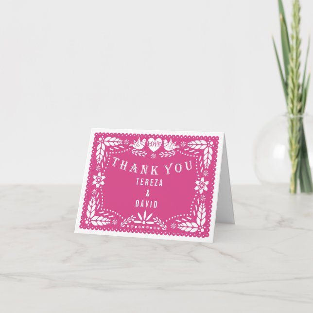 Papel picado love birds pink wedding Thank You Card (Front)