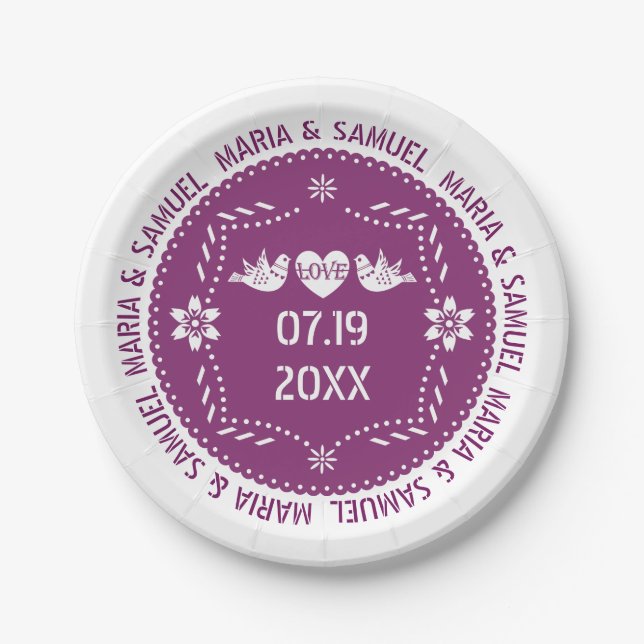 Papel picado love birds purple Mexican wedding Paper Plate (Front)