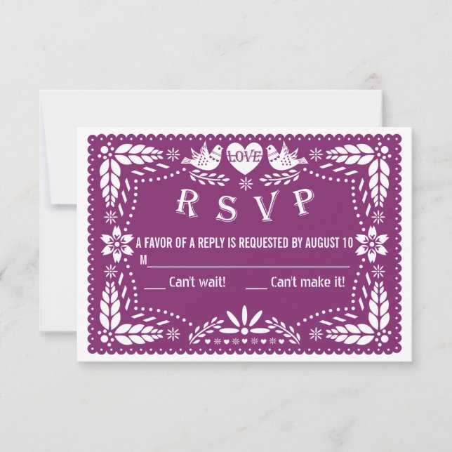 Papel picado love birds purple wedding RSVP reply (Front)