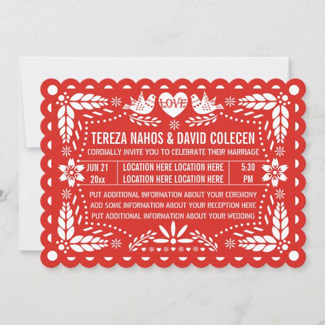 Papel picado love birds red Mexican fiesta wedding Invitation (Front)
