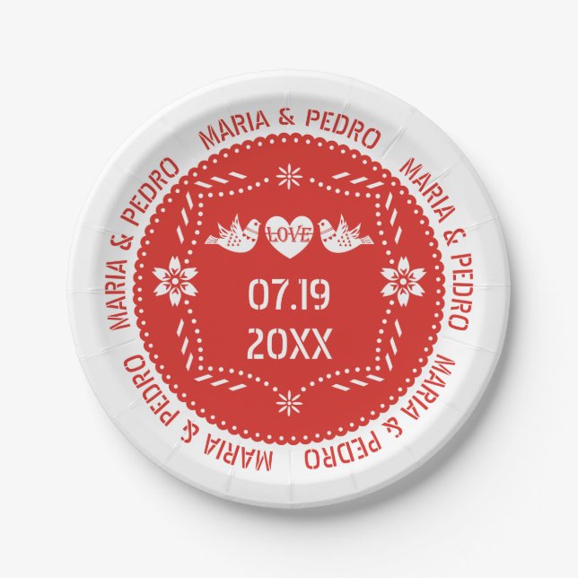 Papel picado love birds red Mexican wedding Paper Plate (Front)