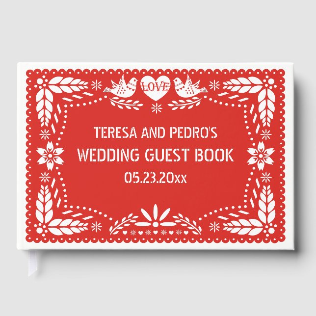 Papel picado love birds red wedding guest book (Front)