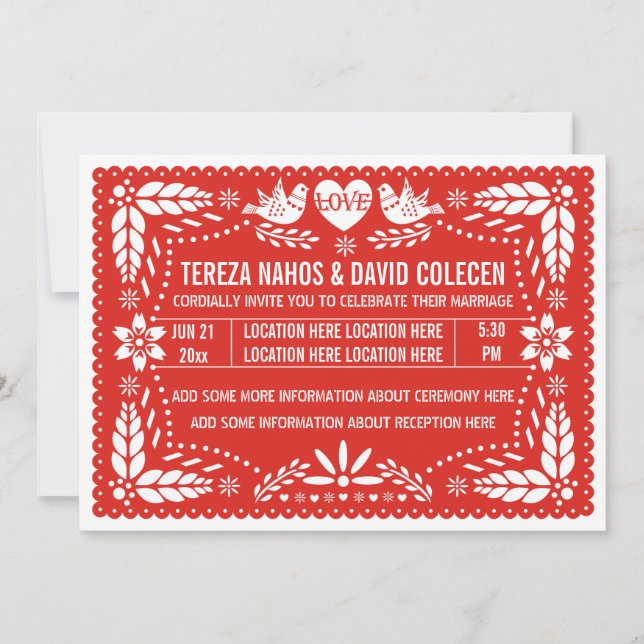 Papel picado love birds red wedding invitation (Front)