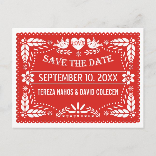 Papel picado love birds red wedding Save the Date Announcement Postcard (Front)