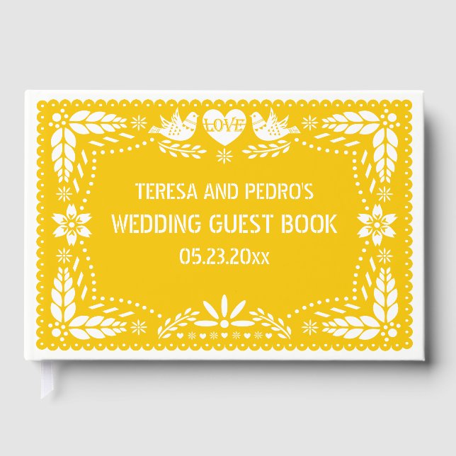 Papel picado love birds yellow wedding guest book (Front)