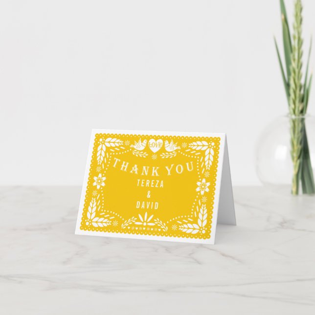 Papel picado love birds yellow wedding Thank You (Front)
