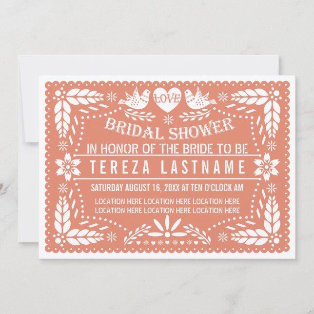 Papel picado lovebirds coral wedding bridal shower invitation (Front)