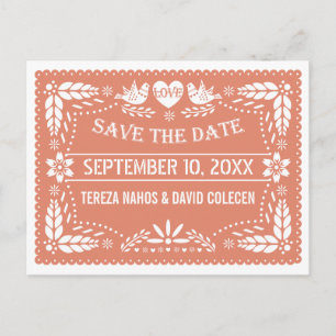 Papel picado lovebirds peach wedding Save the Date Announcement Postcard
