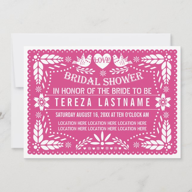 Papel picado lovebirds pink wedding bridal shower invitation (Front)