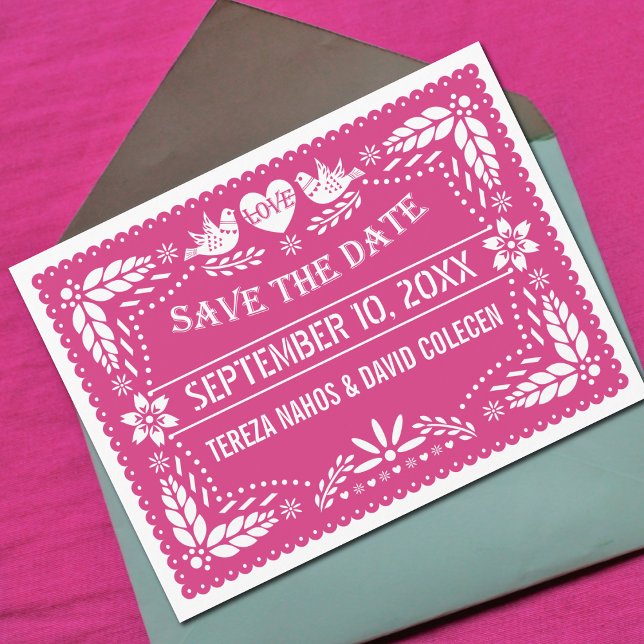 Papel picado lovebirds pink wedding Save the Date Announcement Postcard (Creator Uploaded)