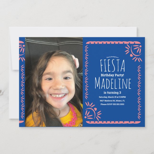Papel Picado Mexican Birthday Fiesta Floral Photo Invitation (Front)