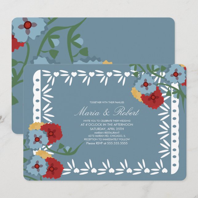 Papel Picado Mexican Botanical Florals Fiesta Invitation (Front/Back)