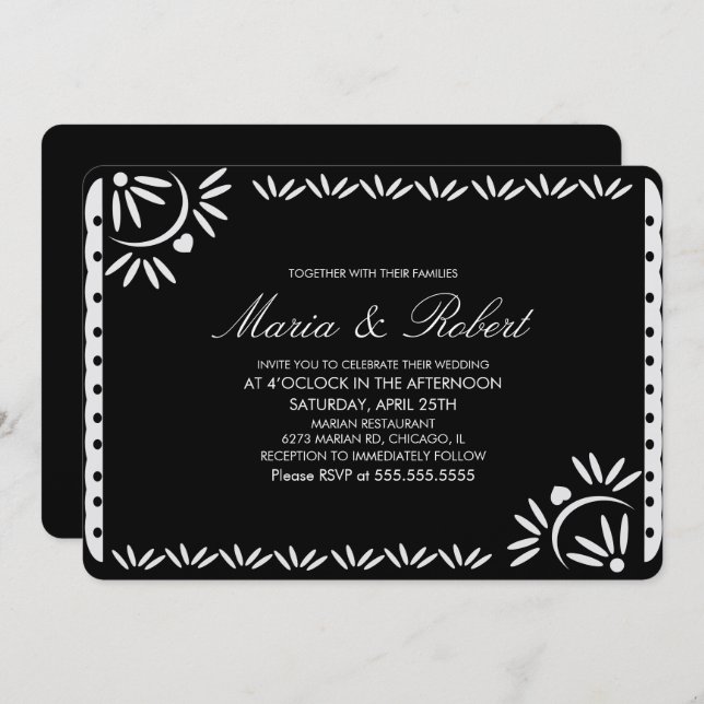 Papel Picado Mexican Botanical Wedding Black Invitation (Front/Back)