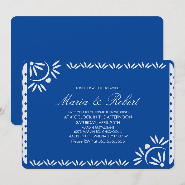 Papel Picado Mexican Botanical Wedding Blue Invitation (Front/Back)
