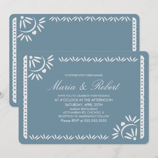 Papel Picado Mexican Botanical Wedding Blush Blue Invitation (Front/Back)