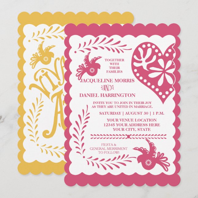 Papel Picado Mexican Fiesta Pink Yellow Wedding  Invitation (Front/Back)
