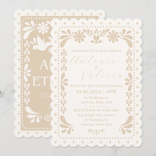 Papel Picado Mexican Neutral Wedding Invitation (Front/Back)