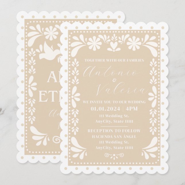 Papel Picado Mexican Neutral Wedding Invitation (Front/Back)