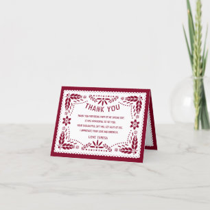 Papel picado Mexican pburgundy red QUINCEAÑERA  Thank You Card