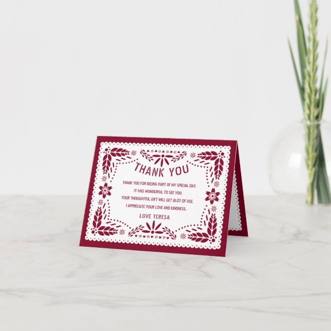Papel picado Mexican pburgundy red QUINCEAÑERA  Thank You Card (Front)