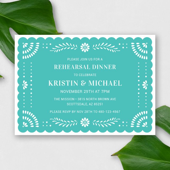 Papel Picado Mexican Rehearsal Dinner Invitation (Modern Papel Picado Rehearsal Dinner Invitation in Turquoise)