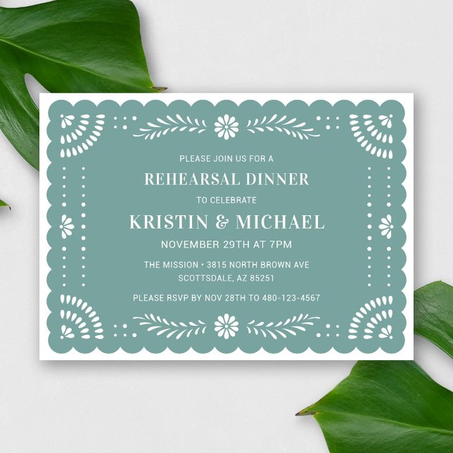 Papel Picado Mexican Rehearsal Dinner Invitation (Modern Papel Picado Rehearsal Dinner Invitation in Sage)