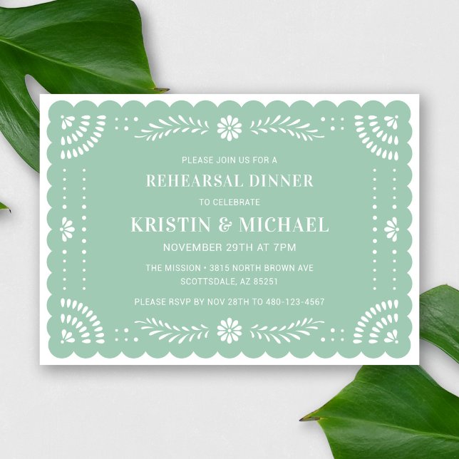 Papel Picado Mexican Rehearsal Dinner Invitation (Modern Papel Picado Rehearsal Dinner Invitation in Mint)