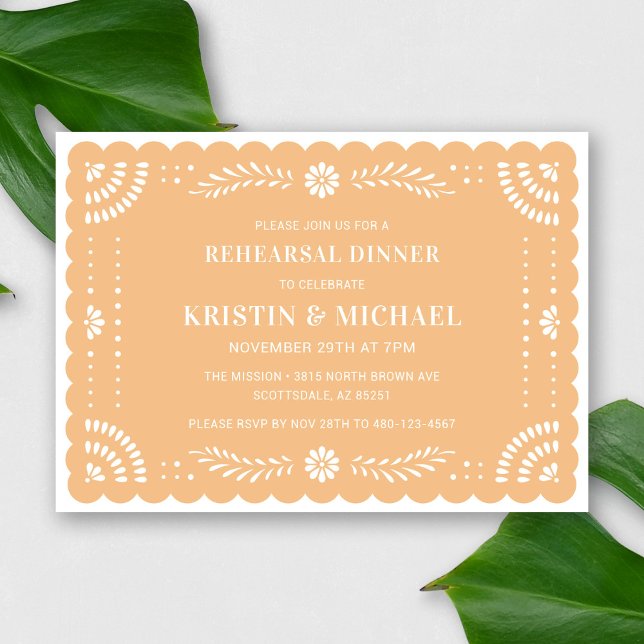 Papel Picado Mexican Rehearsal Dinner Invitation (Modern Papel Picado Rehearsal Dinner Invitation in Yellow)