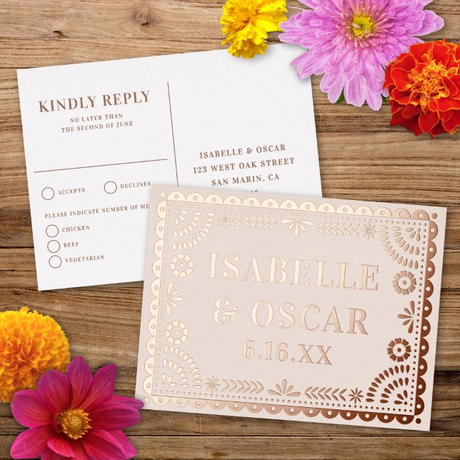 Papel Picado Neutral Foil Wedding Reply RSVP Card (Creator Uploaded)