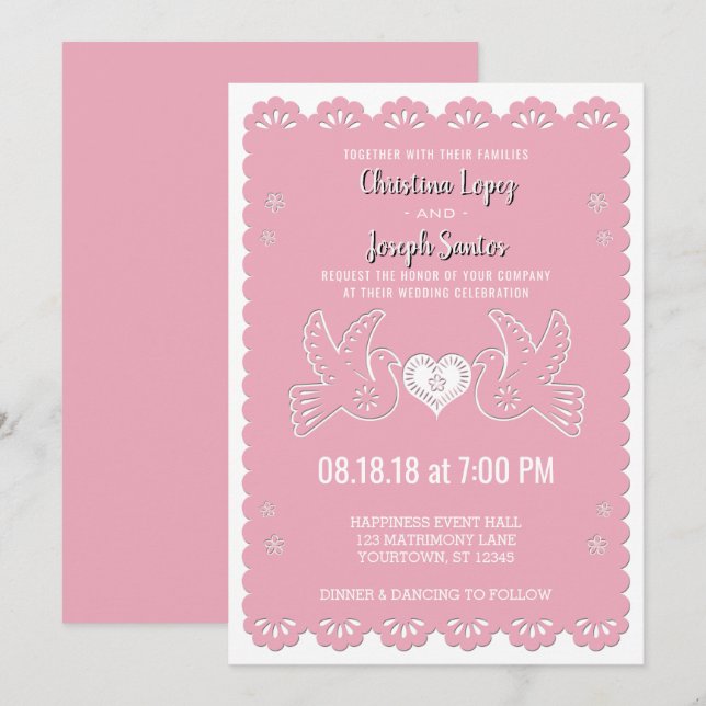 Papel Picado Pink Love Birds Wedding Invitation (Front/Back)