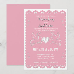 Papel Picado Pink Love Birds Wedding Invitation