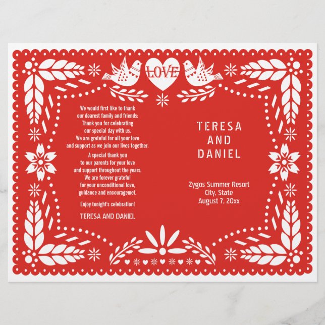 Papel Picado red wedding fiesta folded program (Front)