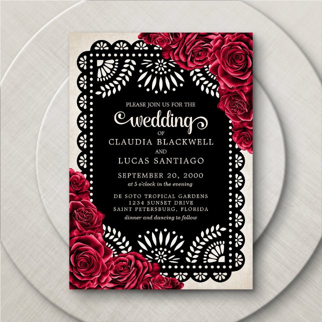Papel Picado Roses Red Black Wedding Invitation (Creator Uploaded)