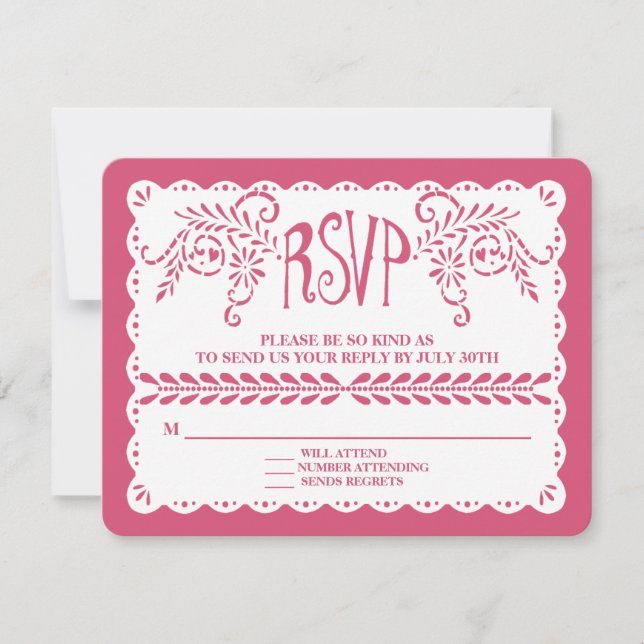Papel Picado RSVP Pink Blue Fiesta Wedding Banner Card (Front)