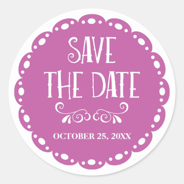 Papel Picado Save the Date Lilac Fiesta Wedding Classic Round Sticker (Front)