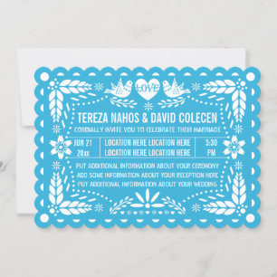 Papel picado style love birds blue fiesta wedding invitation