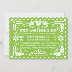 Papel picado style love birds green fiesta wedding invitation