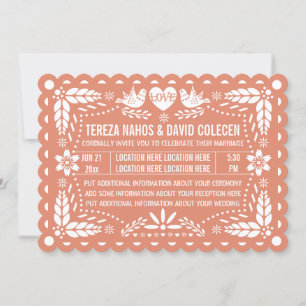 Papel picado style love birds peach fiesta wedding invitation